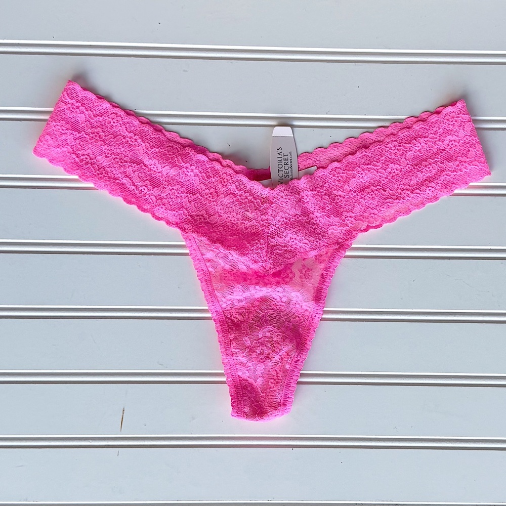 NEW Victoria's Secret Neon Pink Sheer Nylon Lace Thong Tanga Panties O/S